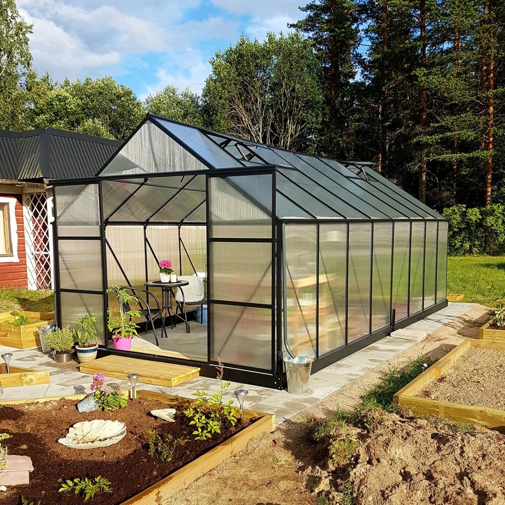 Växthus 18m2 Premium  Extra hög odlingshöjd  6mm kanalplast  Svart  Växthus 18m2 Premium