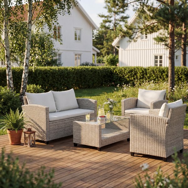 Exklusiv Loungegrupp | H�rnsoffa med bord | Beige/Gr� konstrotting | Stockholm