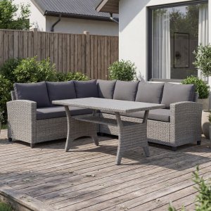 Loungegrupp h�rnsoffa med bord gr� � modern utegrupp i konstrotting | Stenvik