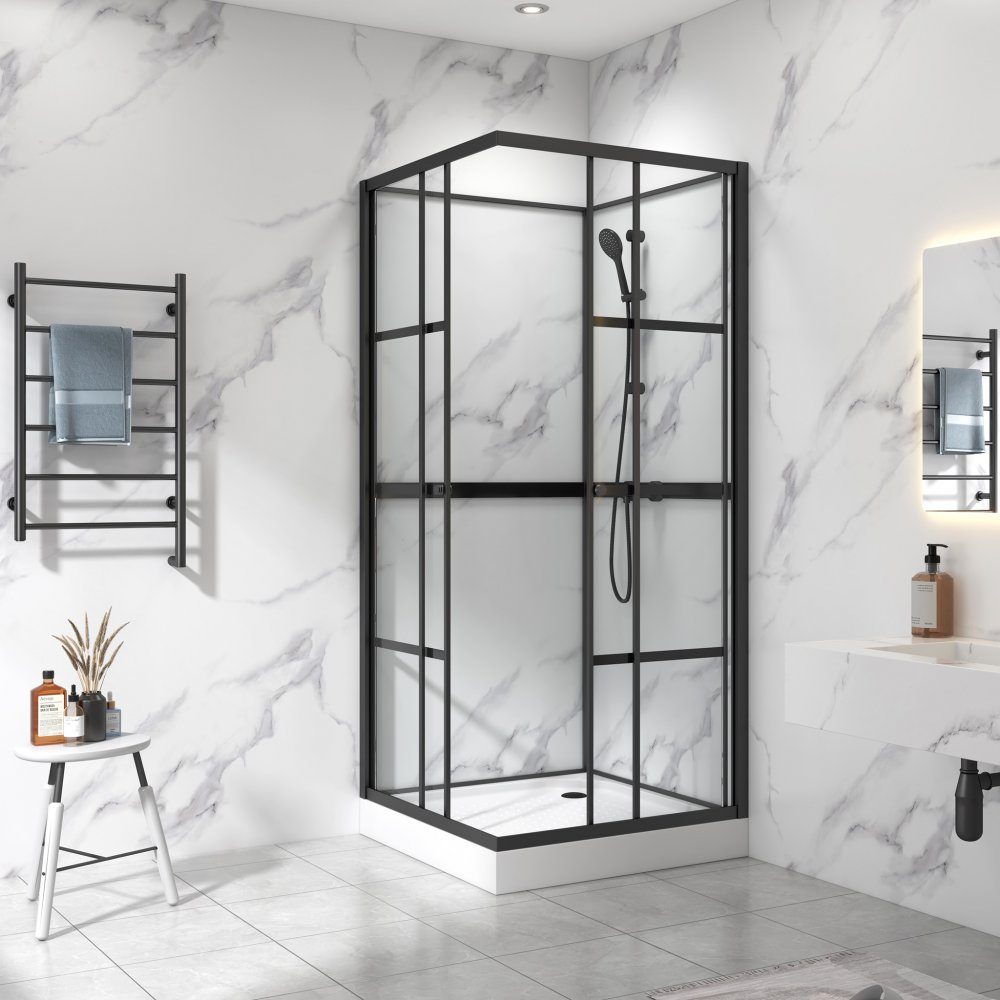 Komplett duschkabin 80x80x215cm | Spröjsad industriell design | Svart | Komplett med blandare, väggfäste, justerbar handdusch och bottenventil