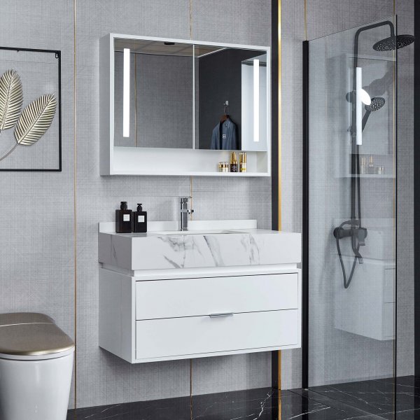 Badrumsm�bel 90cm | LED-spegelsk�p | Marmorerad b�nkskiva | Vit