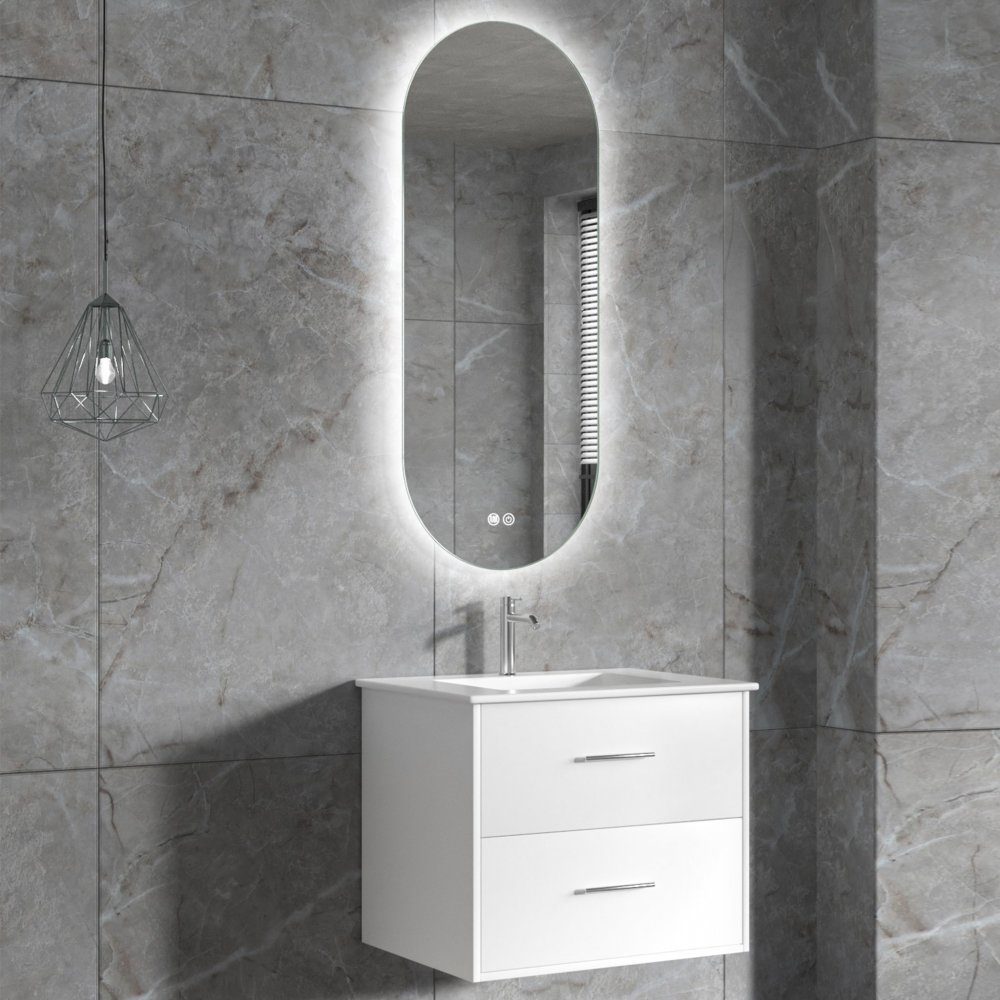 Badrumsmöbel | Oval LED-spegel | Kommod med blandare | Nimbo | 60 cm | Komplett möbelpaket