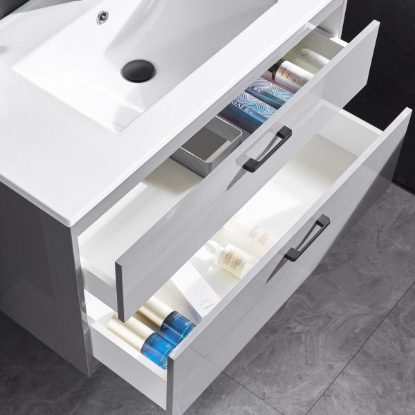 Badrumspaket | Kommod 90 cm | Sidoskåp & LED-spegel | Grå Badrumspaket | Kommod 90 cm | Sidoskåp & LED-spegel | Grå