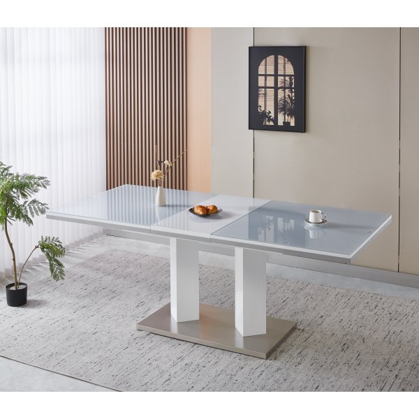 Matbord 160–200 cm | Utdragbart, rostfritt stål & vitlackerat glas | Colombia Matbord 160–200 cm | Utdragbart, rostfritt stål & vitlackerat glas | Colombia