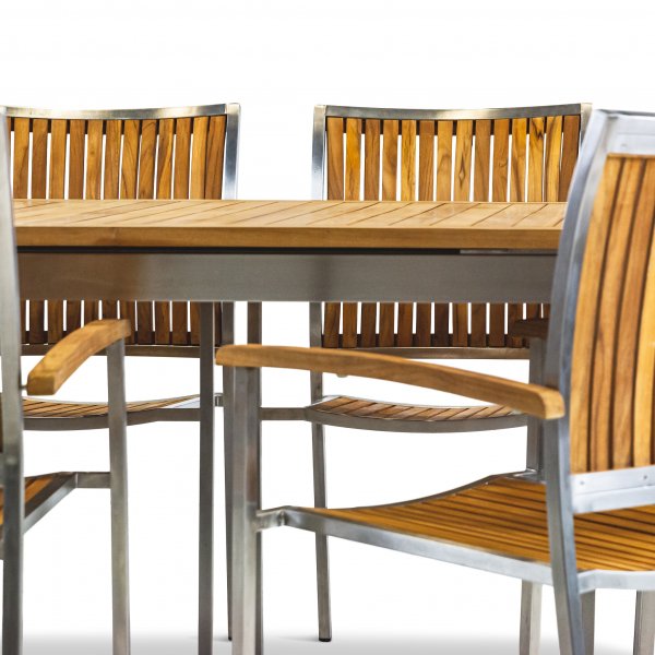 Frlngningsbart bord 200-250cm | 8 stolar | Rostfritt stl / teak