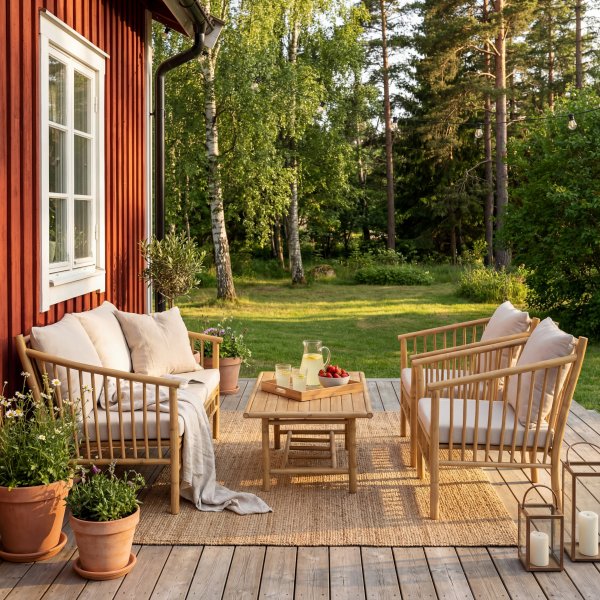 Bambu loungegrupp utomhus | Soffa, 2 f�t�ljer & bord i naturmaterial