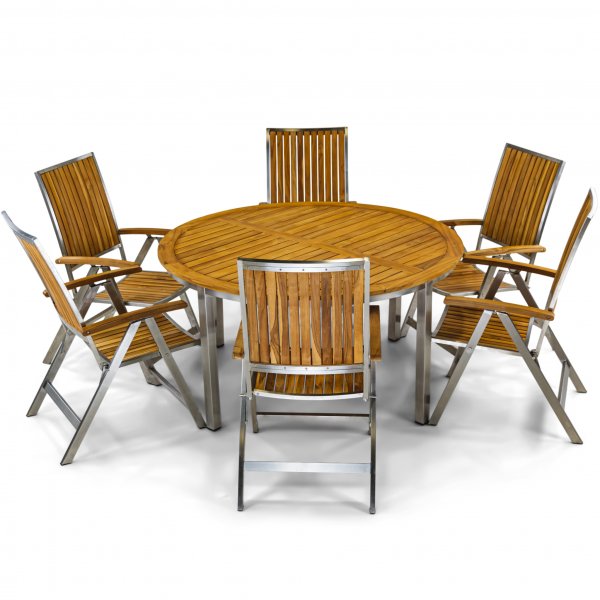 Rund trdgrdsgrupp i teak / rostfritt stl | Bord & 6 positionsstolar