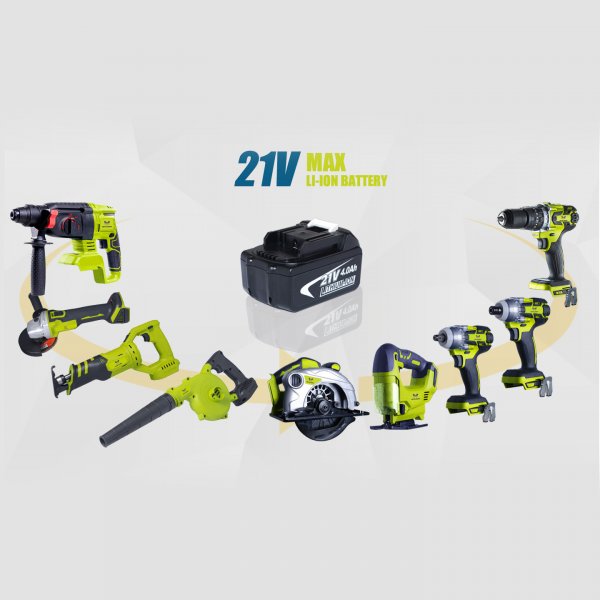 Verktygspaket - Slagskruvdragare, borrskruvdragare, cirkels�g, tigers�g, vinkelslip och borrhammare - 21V 4Ah