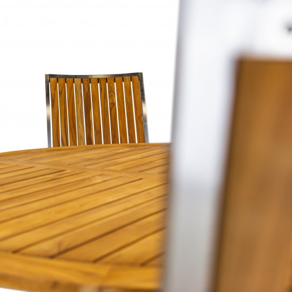 Rund trädgårdsgrupp i teak / rostfritt stål | Bord & 6 positionsstolar Rund trädgårdsgrupp i teak / rostfritt stål | Bord & 6 positionsstolar