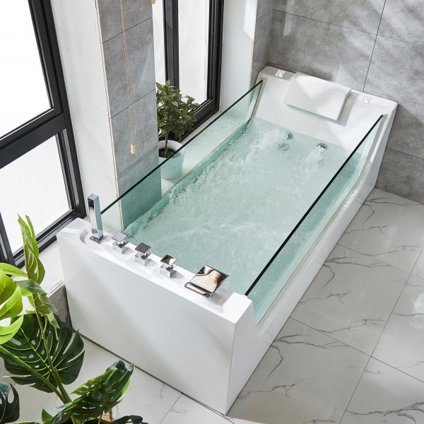 Bubbelbadkar med glassidor 170x80cm | Ergonomisk nackkudde | BK-003