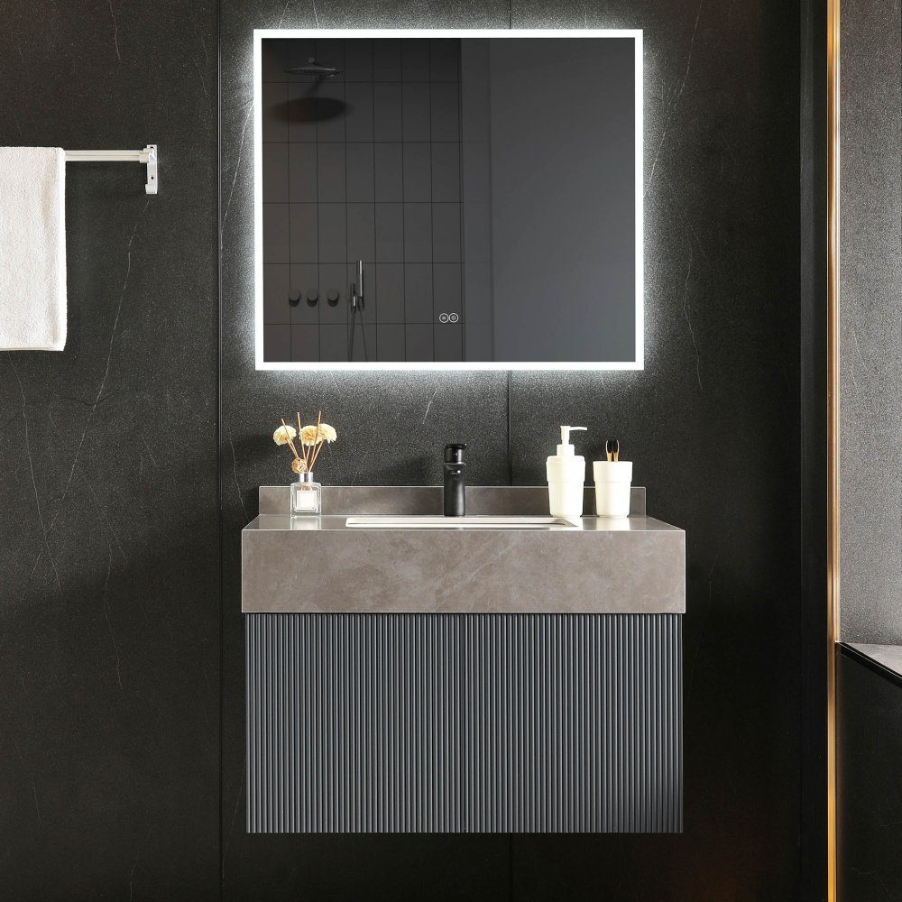 Badrumspaket 100cm | Tålig sintrad sten | LED-spegel | Cirrus Grey | Bänkskiva i mycket slitstark sintrad sten