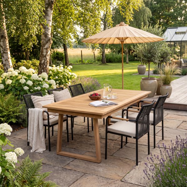 Tr�dg�rdsbord 240 cm | Massivt teaktr�, plats f�r m�nga & tidl�s design | Salt�