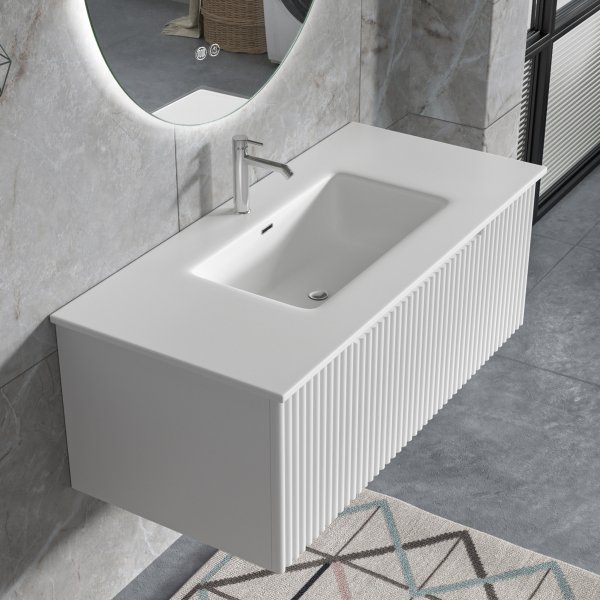 Badrumspaket | Kommod 101cm | Rund LED-spegel | Tuba - Vit Badrumspaket | Kommod 101cm | Rund LED-spegel | Tuba - Vit