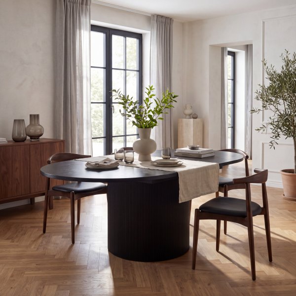 F�rl�ngningsbart runt matbord 140�180 cm i svartbetsad ek med plats f�r 6�8 personer | Astrid