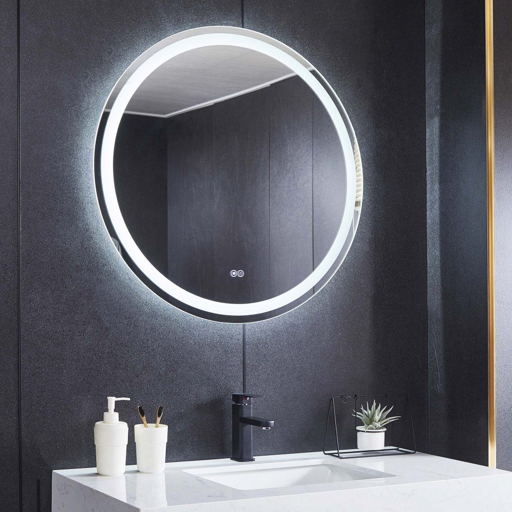 Rund badrumsspegel 80cm | LED-belysning, anti-fog & dimmer | LED-belysning direkt i spegeln