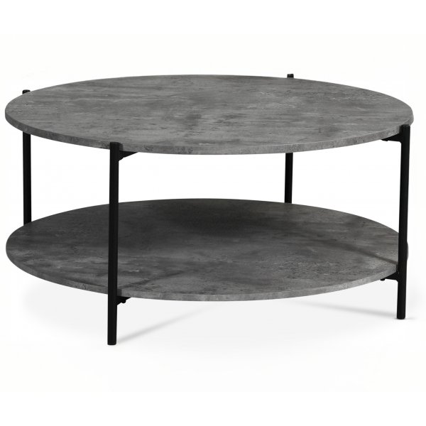 Shanghai Soffbord Ø90 cm – Cementimitation med svart metallram & hylla Shanghai Soffbord Ø90 cm – Cementimitation med svart metallram & hylla