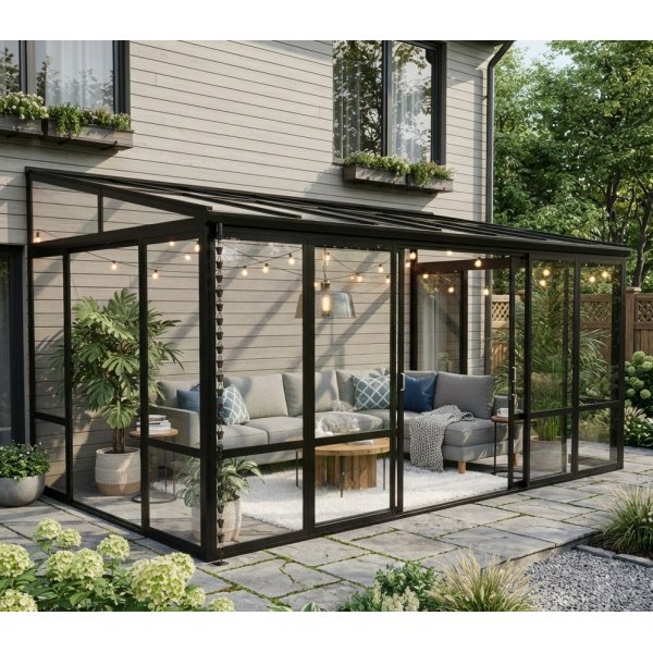 Uterum 14,8m² | Säkerhetsglas och kanalplast | Aluminiumstomme | Svart Uterum 14,8m² | Säkerhetsglas och kanalplast | Aluminiumstomme | Svart