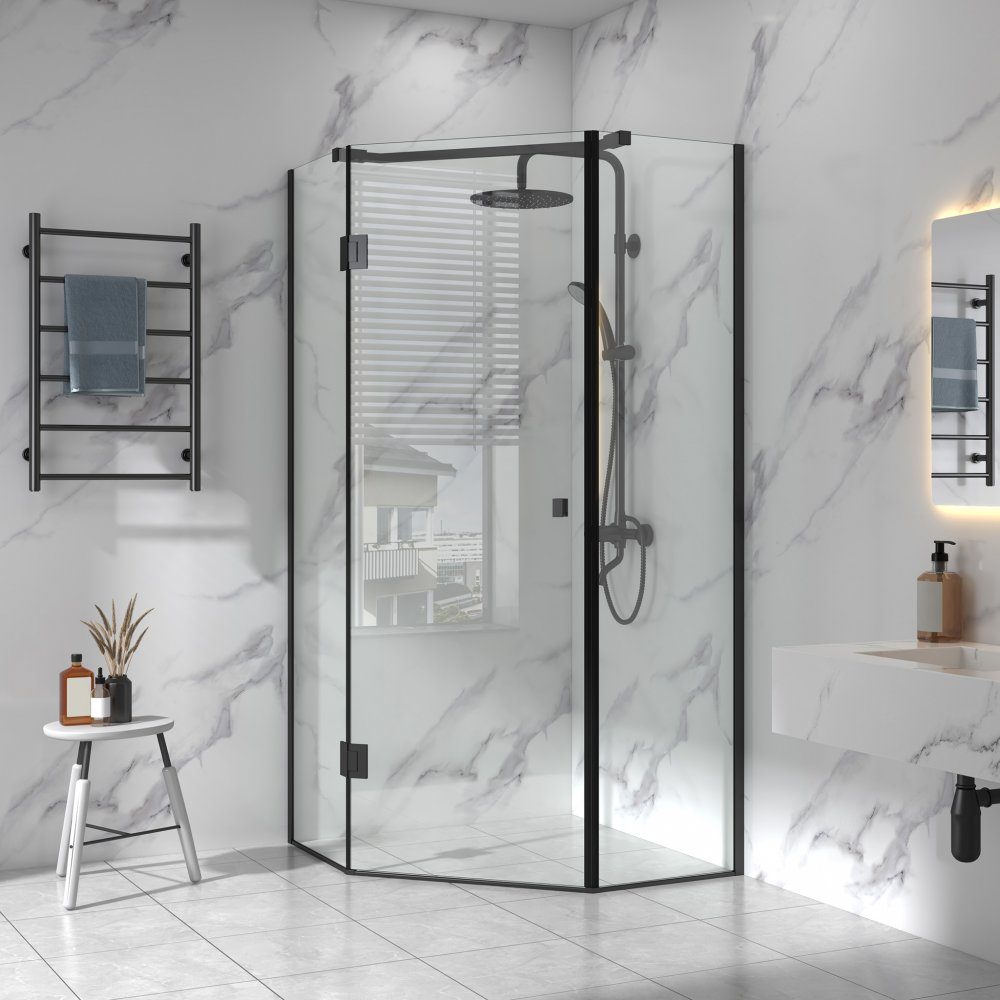 Femkantig duschhörna 90x90x210cm | 6mm säkerhetsglas | Carro | Svart | Stilren duschvägg för hörnplacering