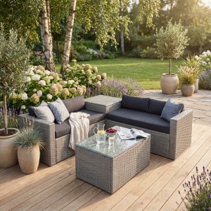 Loungegrupp med dynbox & förvaring | Grå konstrotting | Bord med glasskiva | Orlando Loungegrupp med dynbox & förvaring | Grå konstrotting | Bord med glasskiva | Orlando