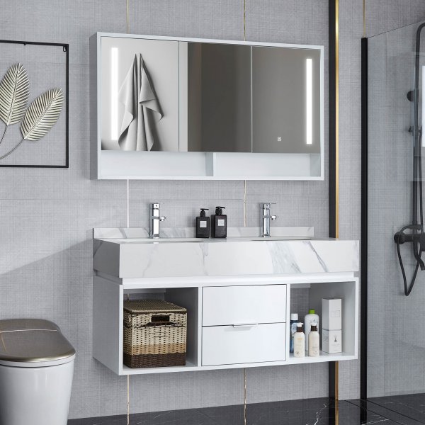 Badrumspaket 120cm | Marmorerad sintrad sten | LED-spegelsk�p