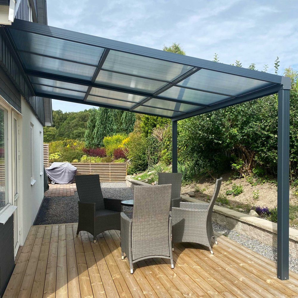 Slide roof veranda 3,9 x 3m | Skjutbart altantak | Kanalplast | Aluminium | Skjutbart altantak med möjlighet att öppna upp taket helt eller delvis