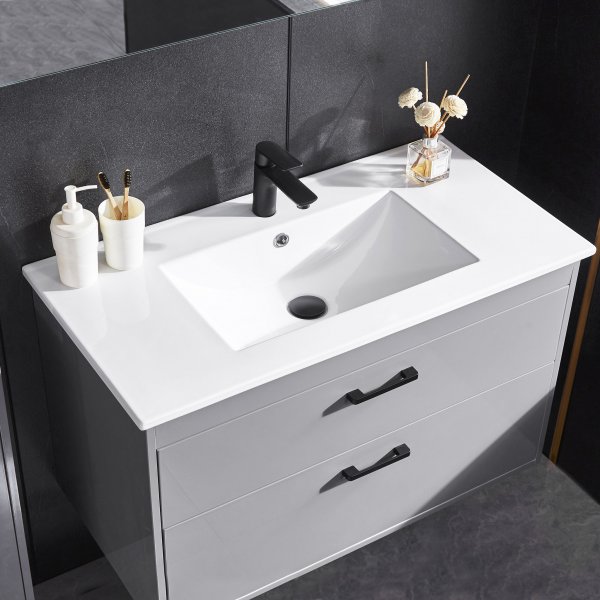 Badrumspaket | Kommod 90 cm | Sidoskåp & LED-spegel | Grå Badrumspaket | Kommod 90 cm | Sidoskåp & LED-spegel | Grå