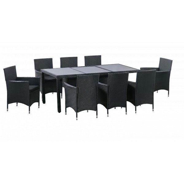 Tr�dg�rdsmatgrupp 8 stolar � Svart bord med glasskiva | Lysekil
