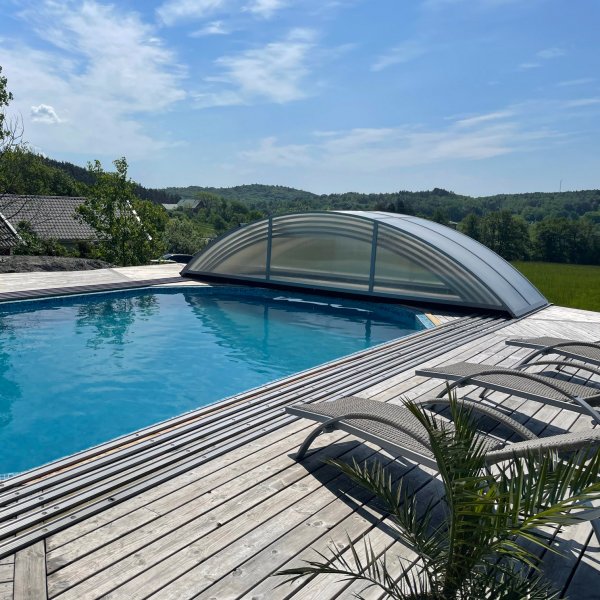 Pooltak 5x10m med sidodörr | Skjutbart - Aluminium Pooltak 5x10m med sidodörr | Skjutbart - Aluminium