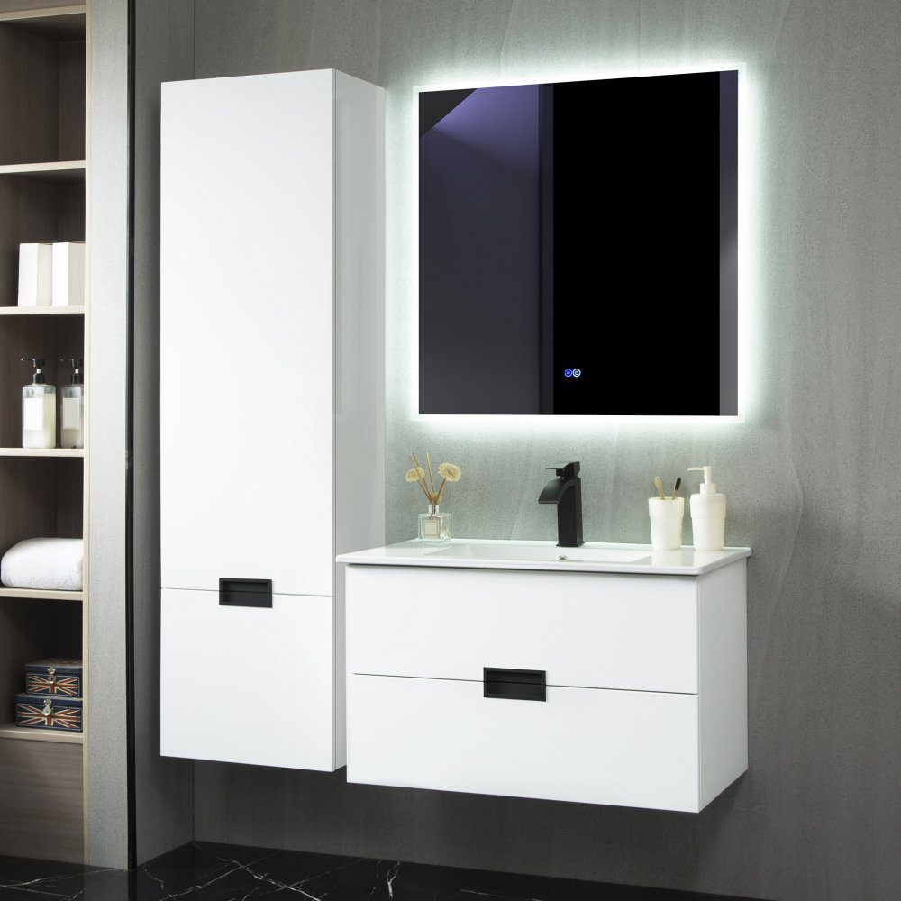 Badrumspaket | Kommod 100cm | Sidoskåp & LED-spegel | Tvättställsblandare, bottenventil och handfat ingår!
