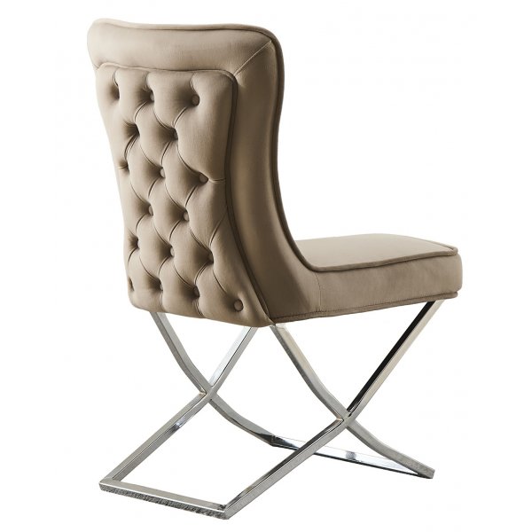 Matstol i beige sammet med kromat underrede, 2-pack | Luxury
