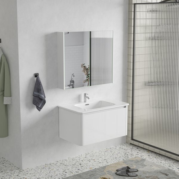 Badrumspaket 80 cm  Kommod & keramiskt tvttstll med spegelskp | Mjukstngning | Modern design