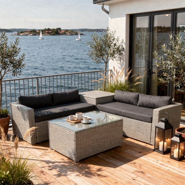 Loungegrupp med dynbox & f�rvaring | Gr� konstrotting | Bord med glasskiva | Orlando
