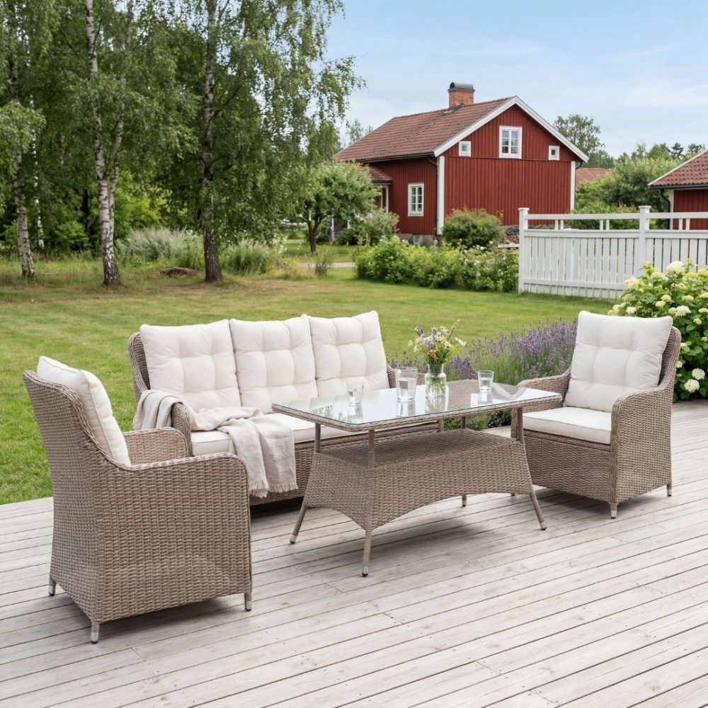 Loungegrupp utemöbler | Beige konstrotting | Rögrund | Loungeset utemöbler i handvävd konstrotting