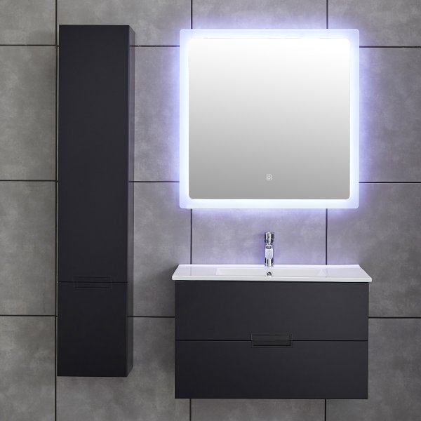 Badrumspaket | Kommod med handfat, högskåp och LED-spegel - Mattsvart Badrumspaket | Kommod med handfat, högskåp och LED-spegel - Mattsvart