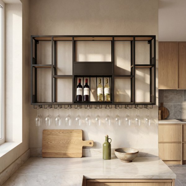 V�ggh�ngd barhylla i svart metall | Vin, glas & flaskf�rvaring | 150 � 120 cm