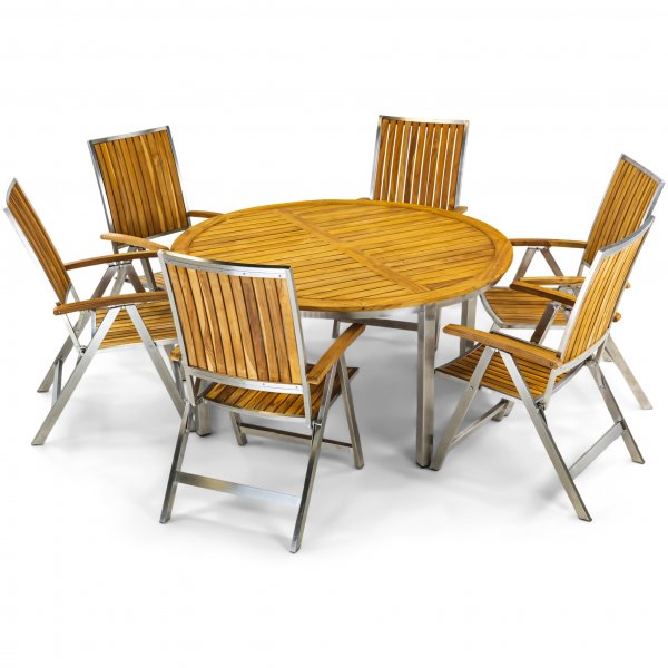 Rund trädgårdsgrupp i teak / rostfritt stål | Bord & 6 positionsstolar Rund trädgårdsgrupp i teak / rostfritt stål | Bord & 6 positionsstolar