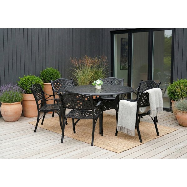 Rund matgrupp i aluminium f�r utomhusbruk | �130 cm | 6 stolar | Svart