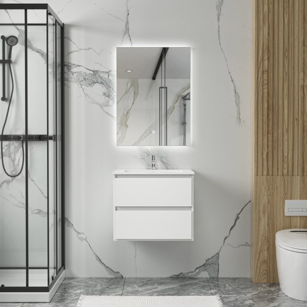 Badrumspaket 60 cm  Vgghngd Kommod med LED-spegel | Keramiskt Tvttstll | Mjukstngande Ldor