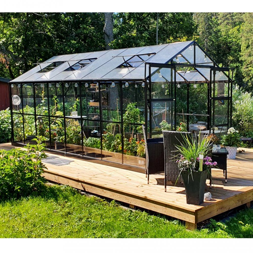 Växthus 12,7m2  5 års stormgaranti  4mm säkerhetsglas  Svart  Yta: 12,7 m2 (4,94 x 2,57 m)