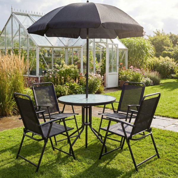 Utegrupp med bord, 4 stolar och parasoll | V�xsj�