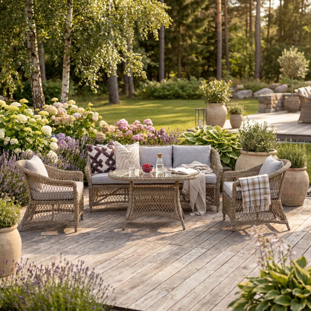 Loungegrupp utem&ouml;bler  Naturf&auml;rgad konstrotting  Soffa, f&aring;t&ouml;ljer & bord  Camilla