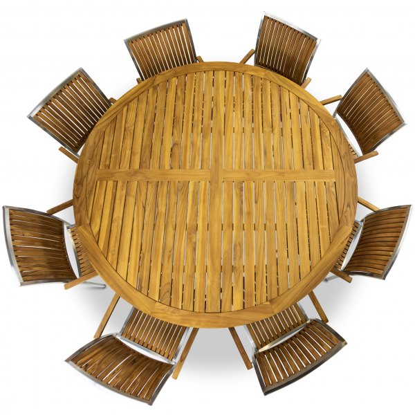 Stor rund trädgårdsgrupp i teak / rostfritt stål | Bord & 8 stolar Stor rund trädgårdsgrupp i teak / rostfritt stål | Bord & 8 stolar