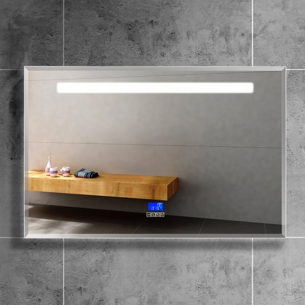Badrumsspegel med belysning, bluetooth, digital klocka och anti-fog
