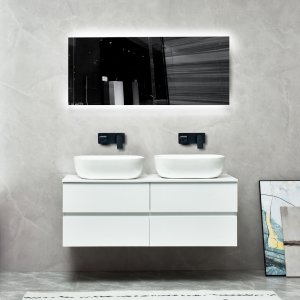 Badrumspaket | Kommod 120 cm med dubbelhandfat | LED-spegel | Blank vit Badrumspaket | Kommod 120 cm med dubbelhandfat | LED-spegel | Blank vit