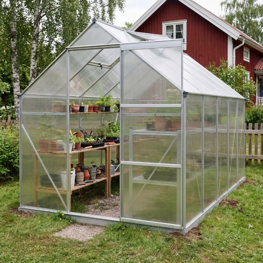 klassiskt växthus i aluminium 5,9 m²  uv-skyddad kanalplast & bas ingår