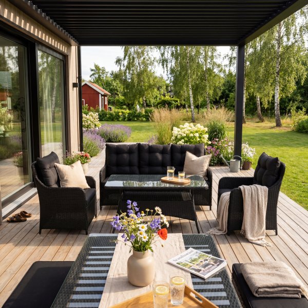 Loungegrupp utem�bler | Svart konstrotting | R�grund