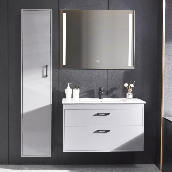 Badrumspaket | Kommod 90 cm | Sidoskåp & LED-spegel | Grå Badrumspaket | Kommod 90 cm | Sidoskåp & LED-spegel | Grå