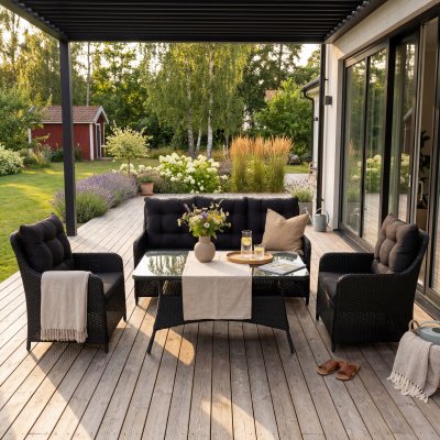 Loungegrupp utemöbler | Svart konstrotting | Rögrund
