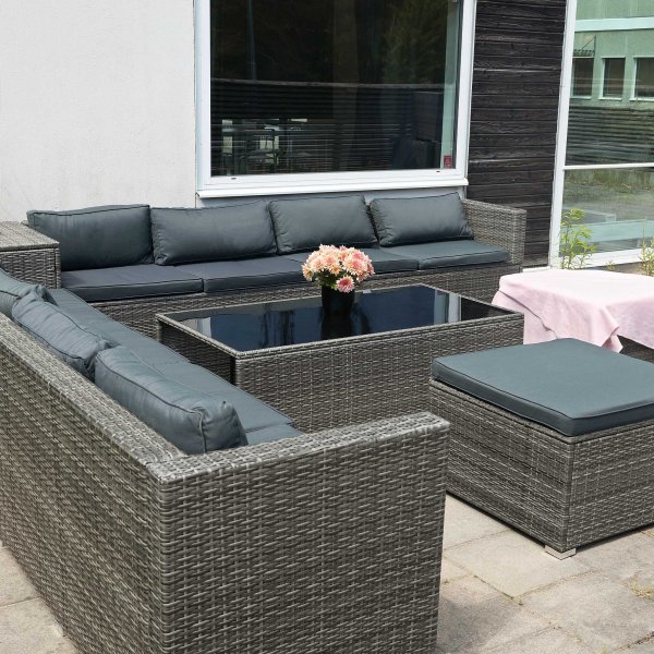 Stor loungegrupp | Tre smarta förvaringsutrymmen | Grå konstrotting Stor loungegrupp | Tre smarta förvaringsutrymmen | Grå konstrotting