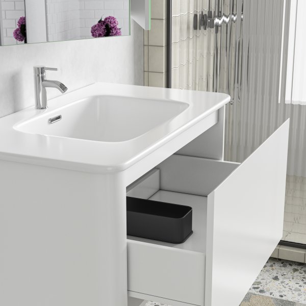 Badrumspaket 80 cm  Kommod & keramiskt tvttstll med spegelskp | Mjukstngning | Modern design